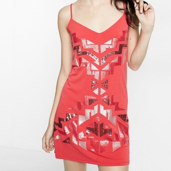 Express Sequin Aztec Art Deco Mini Slip Dress | Pink XS - Picture 3 of 11